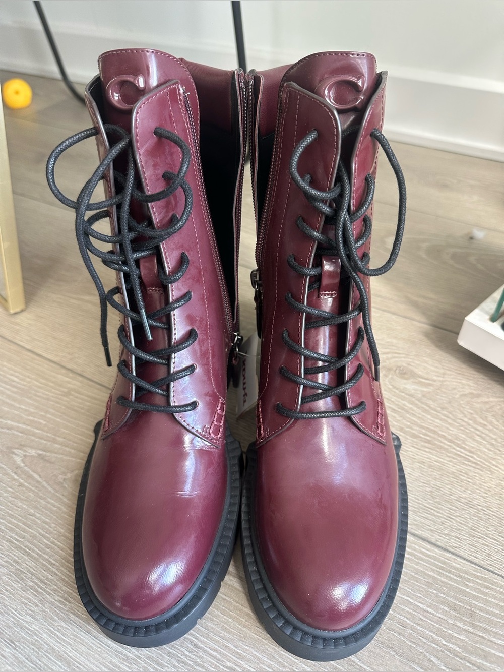 Coach Burgundy Lace-Up Combat Boots